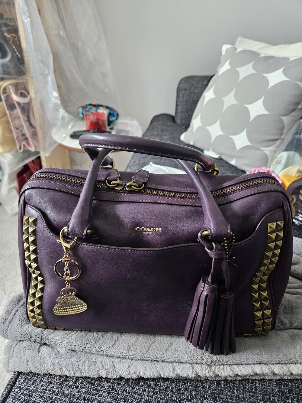 COACH Purple Leather Study Satchel with Tassel & Gold Accents